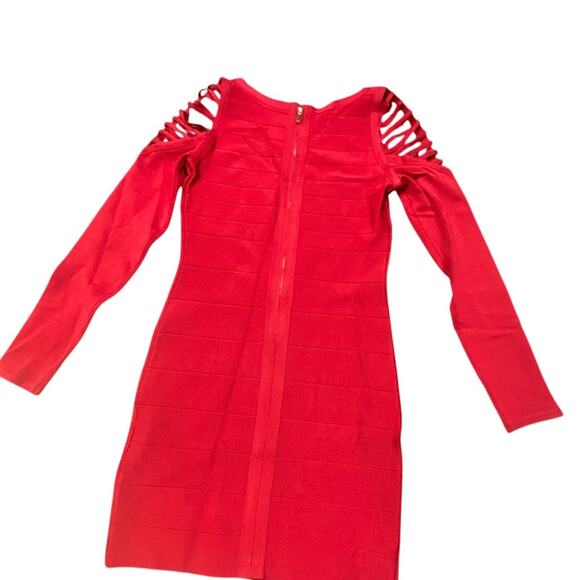Bebe Red Bandage Bodycon Dress Women’s Medium Cutout Shoulder Long Sleeve Party - Picture 8 of 8